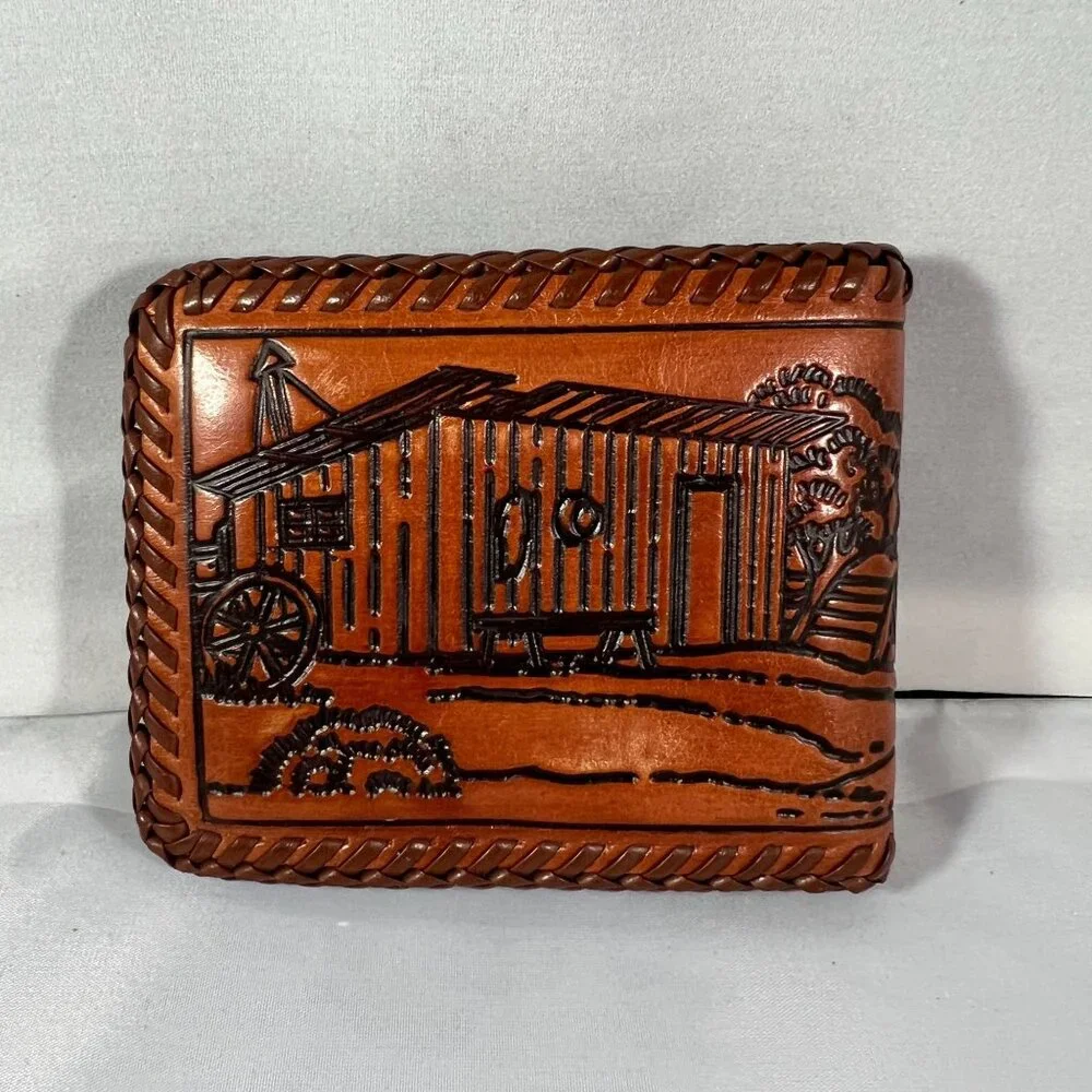 Vintage Brown Leather Wallet W/ Hand Tooled Horse & Barn Design Bifold Style W/ - Picture 2 of 4